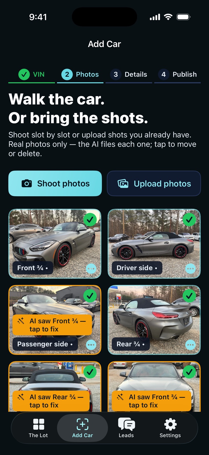 SaneLot guided photo screen showing walkaround shots with each angle named and flagged