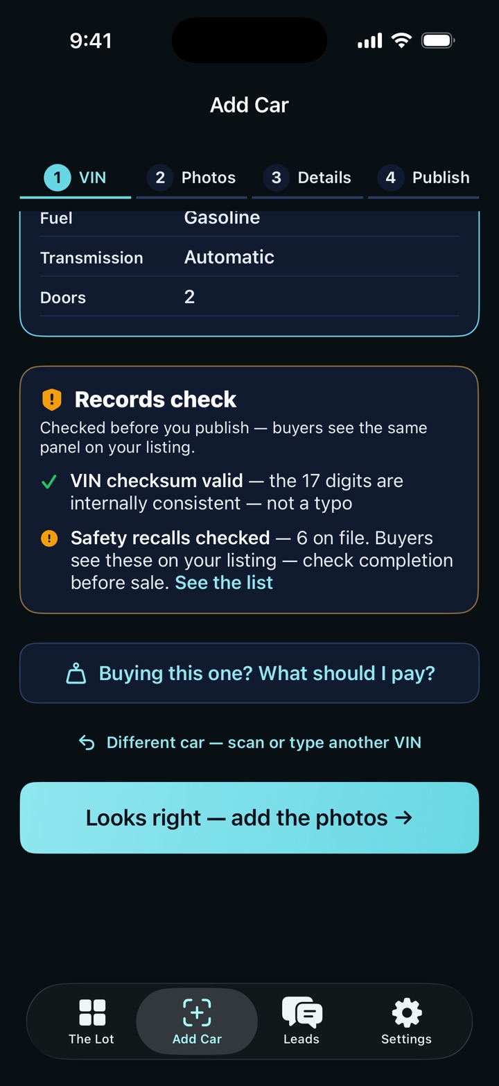 SaneLot app records check showing a valid VIN checksum and six safety recalls on file