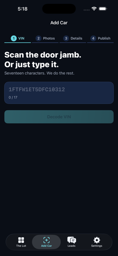 SaneLot app scanning a VIN