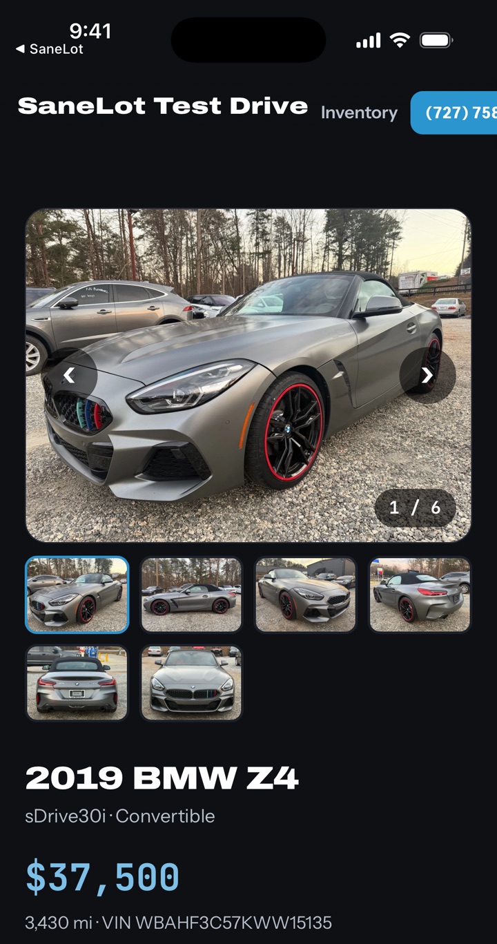 Finished listing on a dealer website showing photos, price, mileage, and VIN for a 2019 BMW Z4